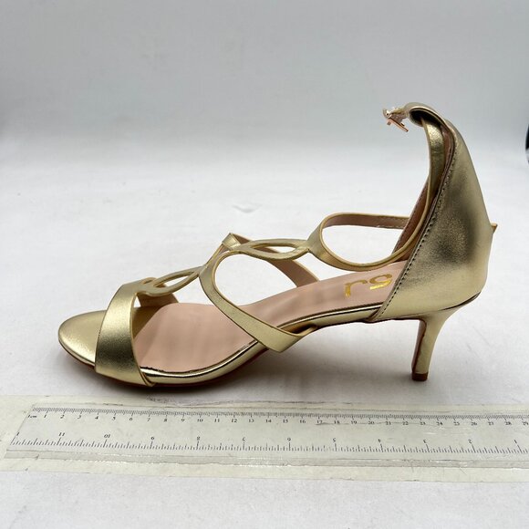 FSJ Gold Strappy Ankle Strap Sandals Open Toe Mid Heel Caged Cutout T-Strap Shoe - Picture 2 of 8
